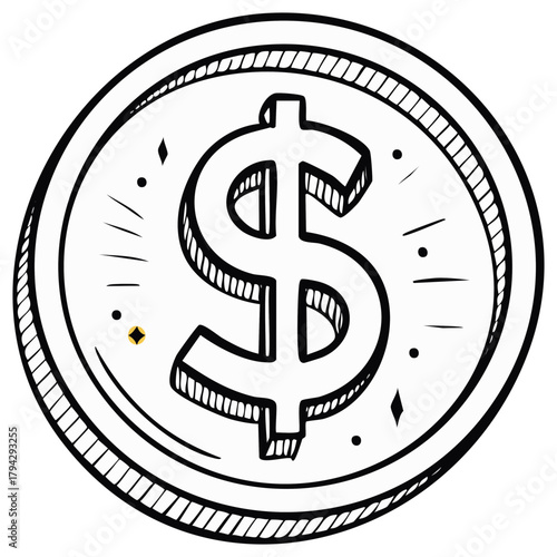 Hand drawn dollar coin illustration in doodle style symbolizing finance economy and wealth concept