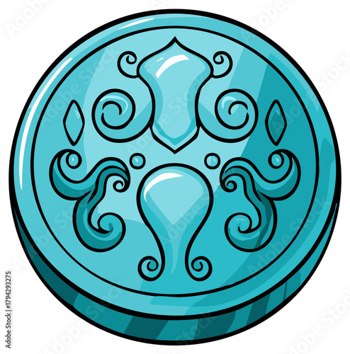 Vibrant teal fantasy medallion with intricate swirling ornamental patterns and glossy highlights