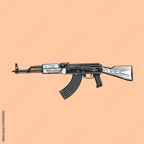 AK-47 assault rifle illustration: A detailed illustration of an AK-47 assault rifle, set against a neutral backdrop, showcasing the weapon's design, form, and functionality.