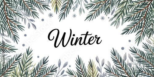 Winter watercolor frame with evergreen branches and silver frost effects
