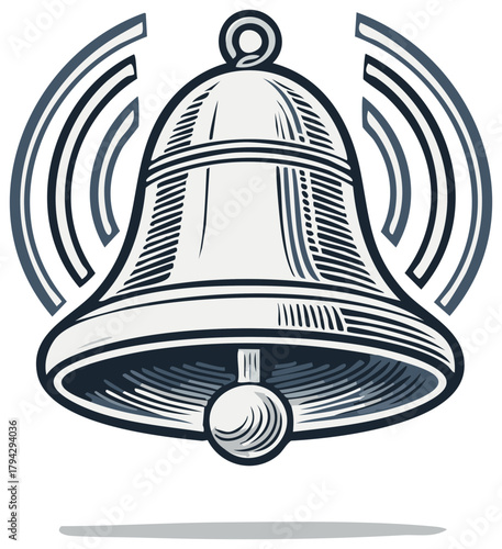 Striking bell with sound waves emanating from it in a vintage illustration style