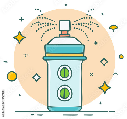 Stylized aerosol spray can icon spraying, cute vector line art illustration