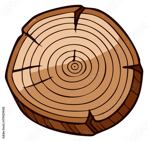 Cartoon Wood Log Cross Section with Annual Growth Rings Illustration