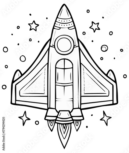 Hand drawn rocket ship illustration in outer space, starry night