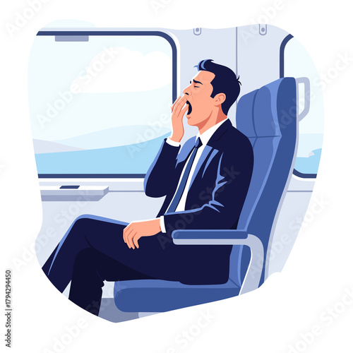 Businessman yawning while sitting on train seat looking out window  