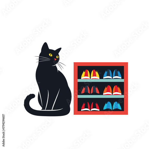 Black cat sitting beside colorful shoe rack on white background  
