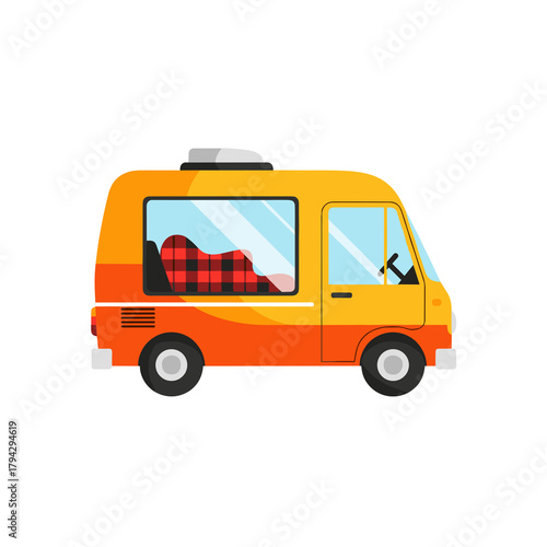 Camper van with plaid blanket in vibrant color design  