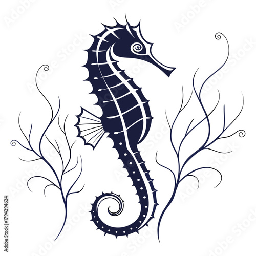Stylized seahorse silhouette with seaweed, isolated black and white marine vector illustration