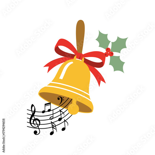 Christmas bell with holly and musical notes in festive style  