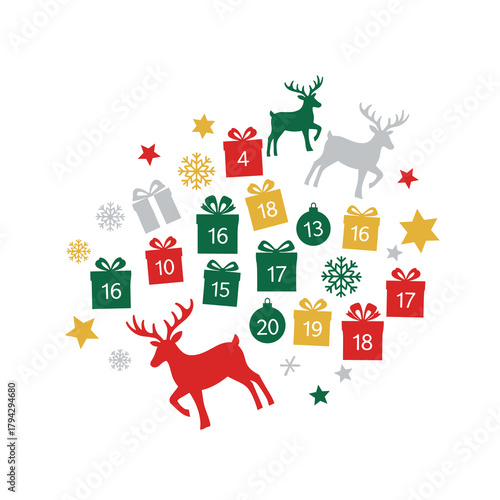 Colorful Christmas decorations with reindeer and gift boxes  