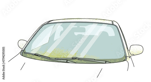 Pollen covering car windshield in spring season  