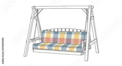 Porch swing with plaid cushion in a contemporary design  