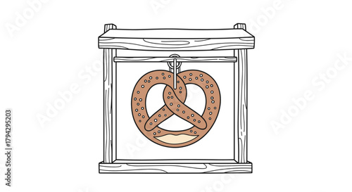Pretzel hanging on wooden food stand in simple illustration style  