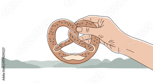 Hand holding a pretzel outdoors against a soft green background  