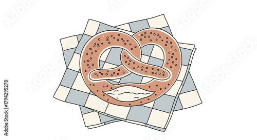 Pretzel on a checkered napkin in a minimalist illustration style  