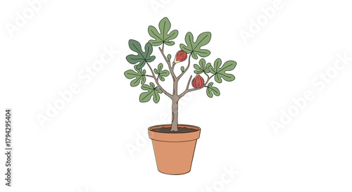 Potted fig tree with leaves and ripe fruit on a white background  