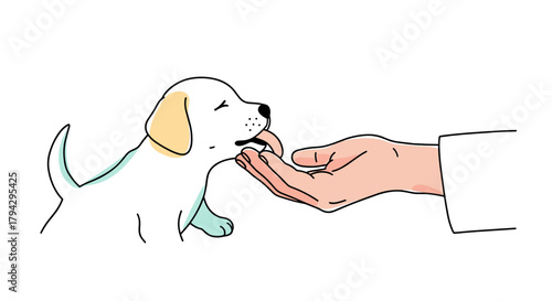 Puppy licking hand in playful interaction at home  