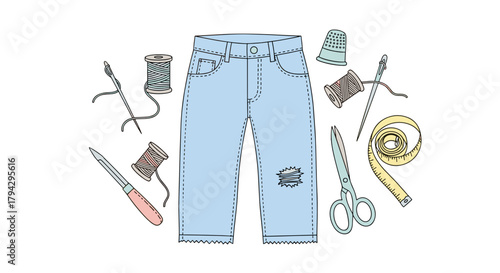Repair tools and torn jeans in illustration style with pastel colors  