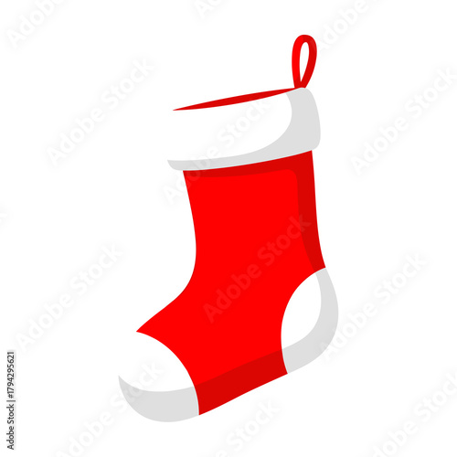 Red Christmas stocking with white trim and hanging loop  