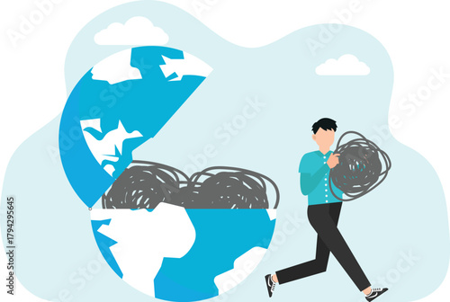 Clear the world. businessman takes the chaos out of the world. vector illustration

