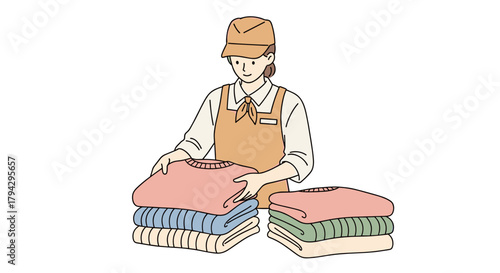 Retail employee folding sweaters while organizing clothes on table  