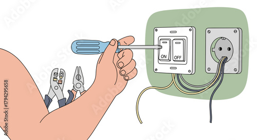 Hand holding screwdriver while replacing a light switch on wall  