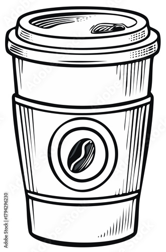Sketch of coffee paper cup with lid and coffee bean logo for hot drink to go in line art design style