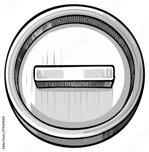 Stylized metallic circular button with a horizontal bar inside