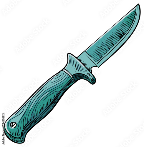 Classic hunting knife with a wood grain handle and fixed blade in a retro sketch illustration style