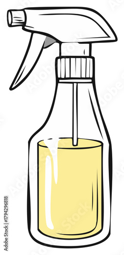 Illustration of transparent spray bottle filled with yellow liquid, cleaning and sanitation equipment
