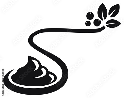 Black and White Creamy Dessert with Berries and Leaves Silhouette