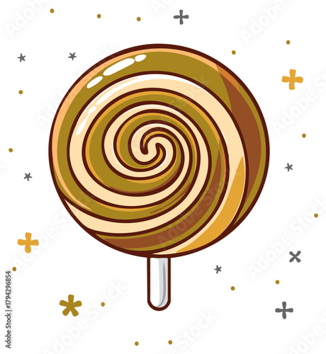A cute cartoon illustration of a caramel swirl lollipop with festive stars and sparkles