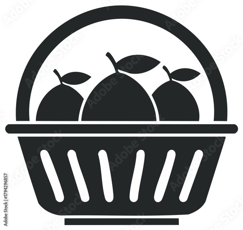 Icon of Three Oranges Inside a Wicker Basket Featuring Minimalist Black and White Design