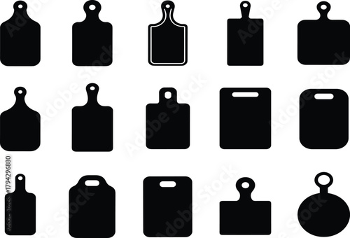 Cutting board silhouette, kitchen tool, black graphic, vector illustration, handle design, shape variety, culinary icon, cooking accessory, food prepCutting board silhouette