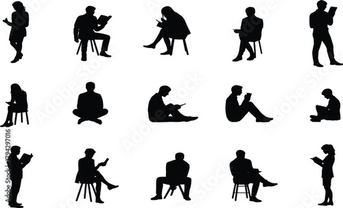 Reading silhouette, seated pose, standing figure, black graphic, vector illustration, book posture, handheld device, concentration, gesture, study, interactionReading silhouette