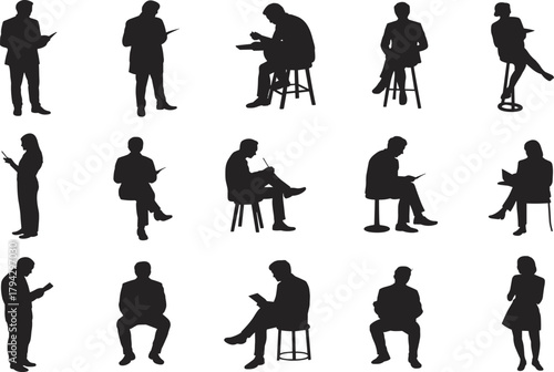 Reading silhouette, seated pose, standing figure, black graphic, vector illustration, book, device, posture, gesture, technology, concentration, interaction, studyReading silhouette,