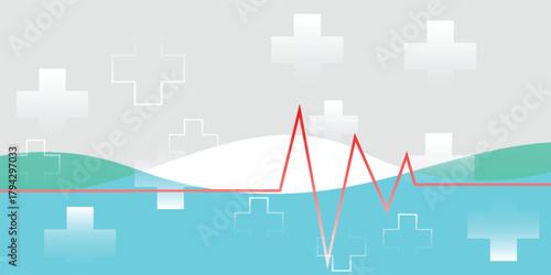 Abstract medical background with a red EKG heartbeat line and plus signs.