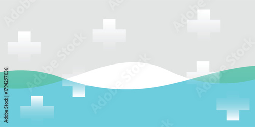 Abstract illustration of a calm sea with plus-shaped clouds floating in a grey sky and reflecting in the water.