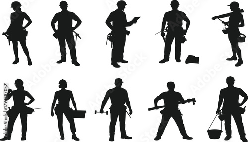Construction worker silhouette, manual labor, black graphic, vector illustration, tool usage, posture gesture, building activity, trades icon, job site, equipmentConstruction worker silhouette, 
