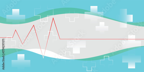 Abstract medical background with a red heartbeat line and white crosses on a blue and green backdrop.