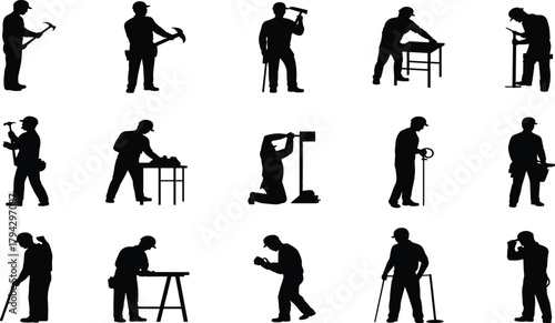 Construction worker silhouette, manual labor, black graphic, vector illustration, tool usage, posture gesture, skilled trades, building activity, job siteConstruction worker silhouette, manual labor