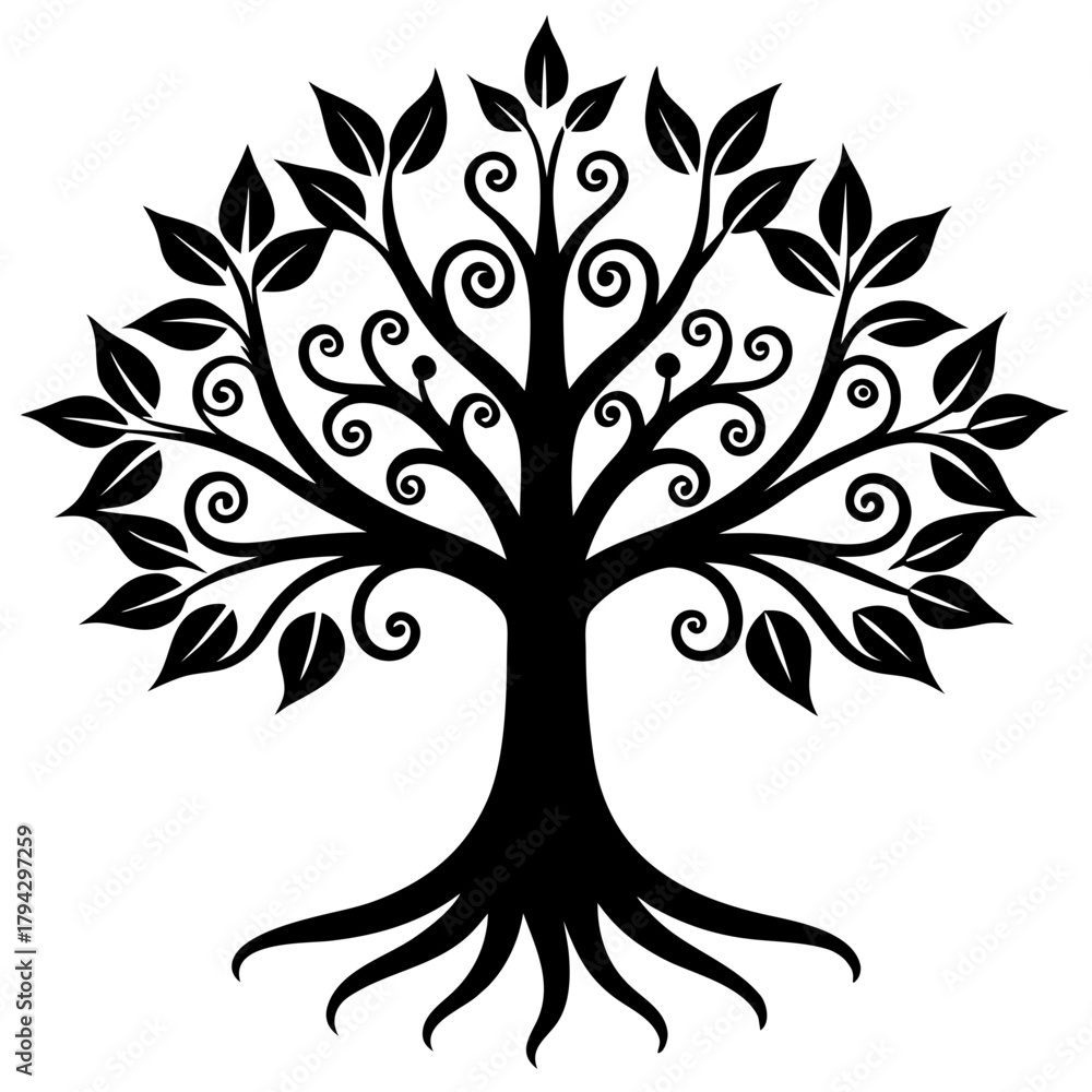 Obraz premium Silhouette of a decorative tree with leaves and roots on transparent background
