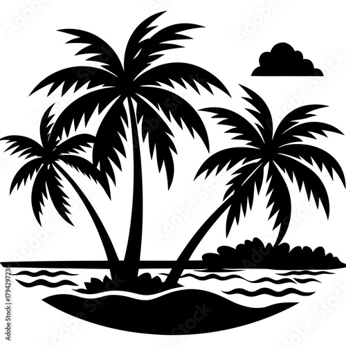 Silhouette of palm trees on a tropical island scene on transparent background