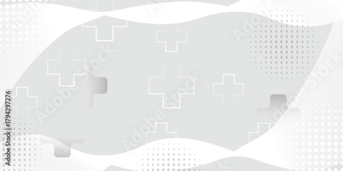 Abstract white and gray medical background with plus symbols, wavy lines, and halftone dots.