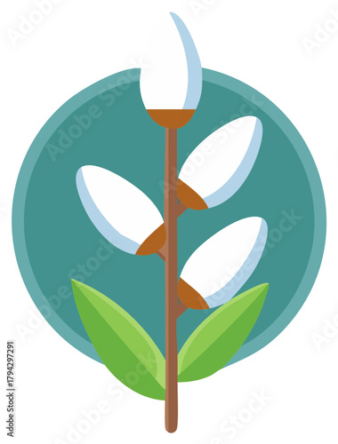 Springtime illustration of pussy willow plant with leaves in circular frame.
