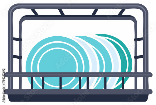 Dishwasher with Plates Illustration Featuring Home Appliance and Cleaning Supplies for Kitchen Organization