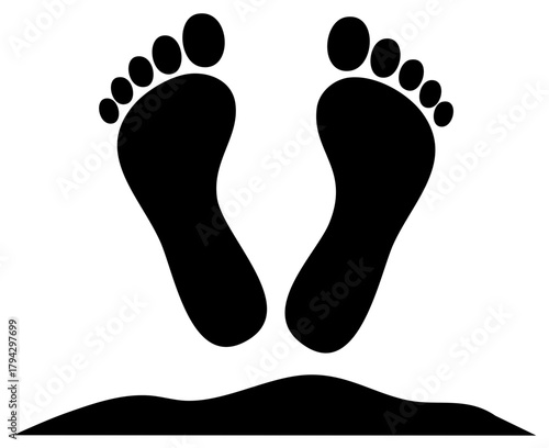 Stylized minimalist black human footprints stepping on abstract ground representing path progress or journey
