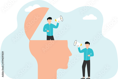 Speak to brainwash. Businessman shouting through megaphone at human head
