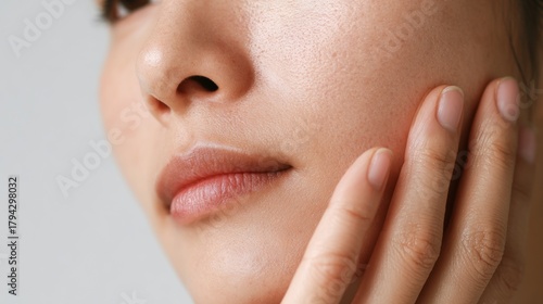 Close-up of a woman’s face, showcasing flawless skin and gentle touch for beauty and skincare concepts