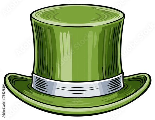 Vibrant green top hat illustration featuring a shiny silver band, perfect for festive designs and events.
